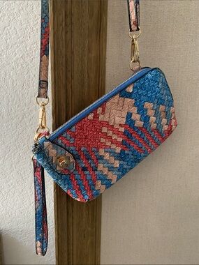 Brand new Colorful Woven Wristlet Pouch Cross Body Bag - Blue & Khaki